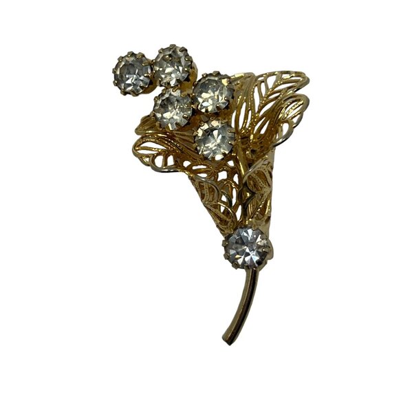 Floral Rhinestone Brooch Yellow Tone Calla Lilly‎ Flower Vintage Pin - Picture 3 of 7